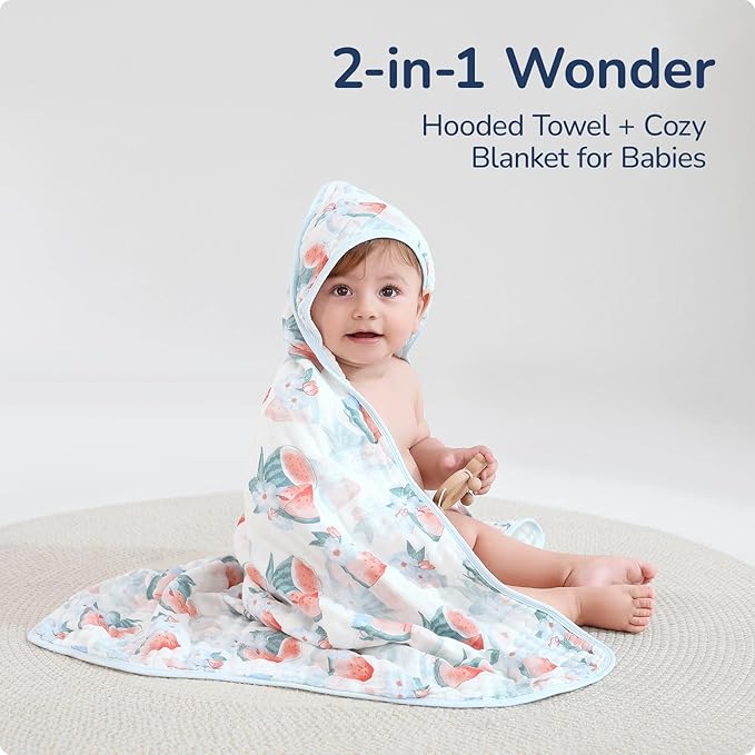 Muslin Hooded Baby Towels 2 Pack, Ultra Soft & Absorbent Baby Bath Towels, Bath & Beach Essentials, Shower Gifts for Newborns, Babies, Infant, Toddler - 32x32 Inch (Peach & Watermelon)