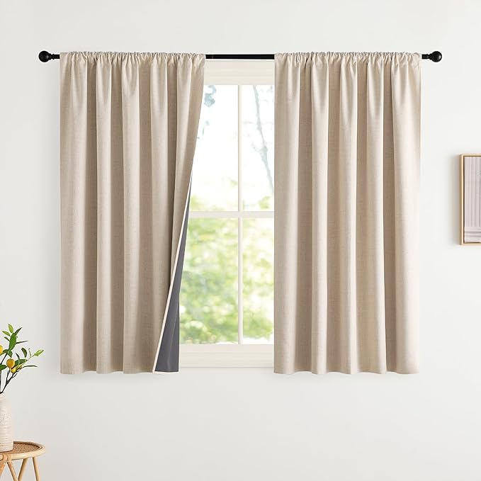 NICETOWN Cream Linen 100% Blackout Curtains, 2 Panels Set, 42 x 45 Inches, Rod Pocket Style, Thermal Insulated Room Darkening Drapes for Bedroom, Living Room, Nursery, Modern Farmhouse Decor