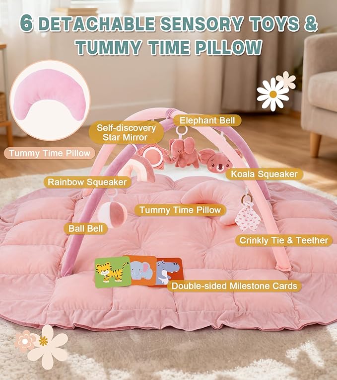 5-in-1 Baby Play Gym and Tummy Time Mat, Tummy Time Pillow & 12 Learning Cards, Plush Activity Mat with 6 Toys, Baby Gym, Convertible to Ball Pit, Baby Gift, Light Pink