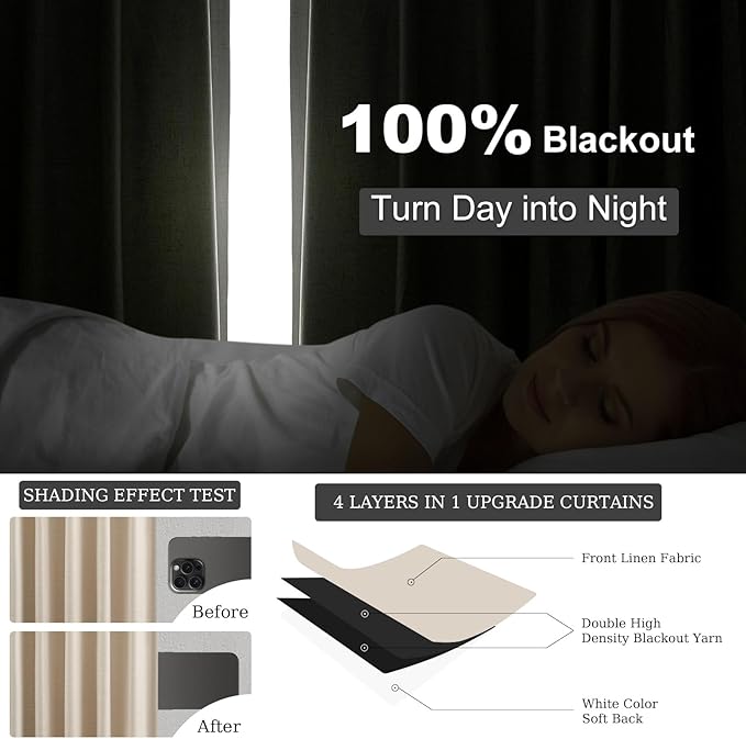 Topfinel 95 Inch Curtains Linen Blackout Curtains 2 Panel Set 100% Blackout Heat Reducing Room Darkening Curtains for Bedroom/Dorm UV Blocking/Noise Canceling Ivory Cream Drapes Back Tab Hooks&Rings