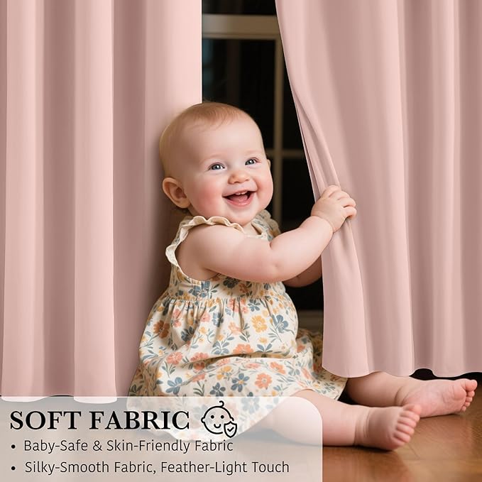 RYB HOME 100% Blackout Pink Curtains for Girls Bedroom, Thermal Insulated Noise Reducing Total Light Blocking Curtains for Nursery Baby Kids Room, 52 inches Wide by 72 inches Long, Peach Pink
