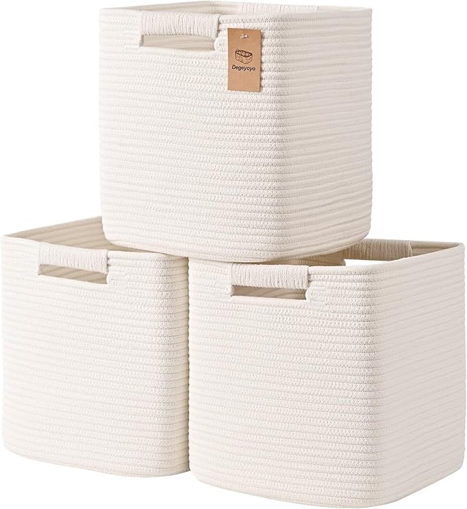 13 Inch Storage Cubes, 3 Pack Cube Storage Bins for Organizing, Cotton Rope Woven Baskets for Shelves, Bathroom, Kids Room, Closets, Baby Nursery