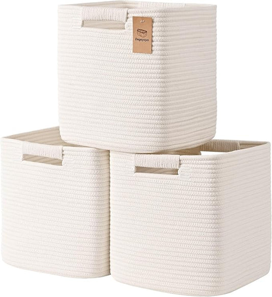 13 Inch Storage Cubes, 3 Pack Cube Storage Bins for Organizing, Cotton Rope Woven Baskets for Shelves, Bathroom, Kids Room, Closets, Baby Nursery