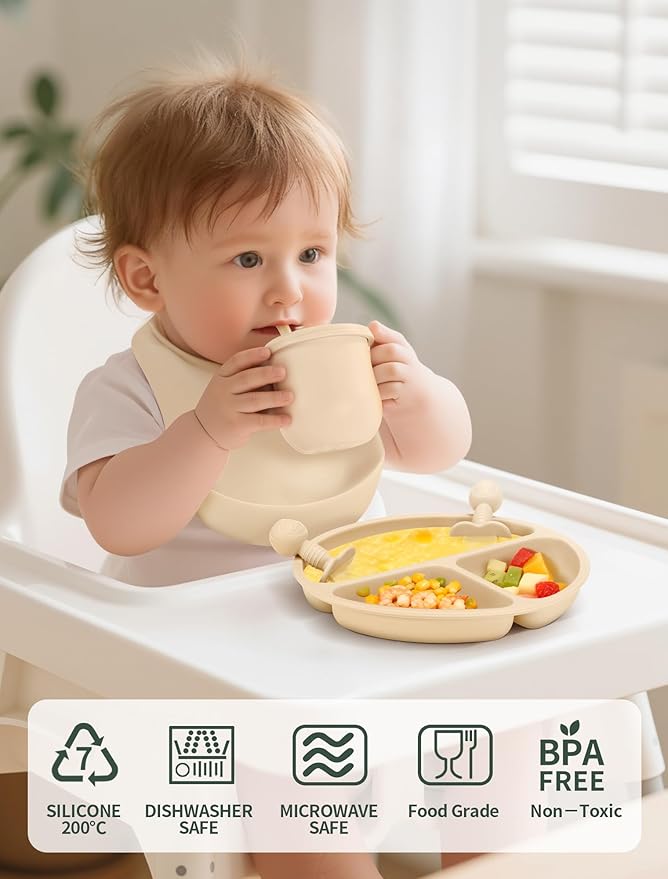 JELLDJK Silicone Baby Feeding Set 9 Pcs, Spill-Proof Suction Plate, Bowl, Bib, Silicone spoon&forks, Wooden Spoons&forks, Training cup with straw and Sippy Cup, Baby Eating Utensils (Green)