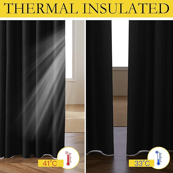 NICETOWN Black out Linen Curtains for Living Room with Back Tab, Complete Blackout Shades for Large Window Door, 100% Blackout Window Curtain Panels with White Lined, 52" Width by 95" Length, 2 Pieces