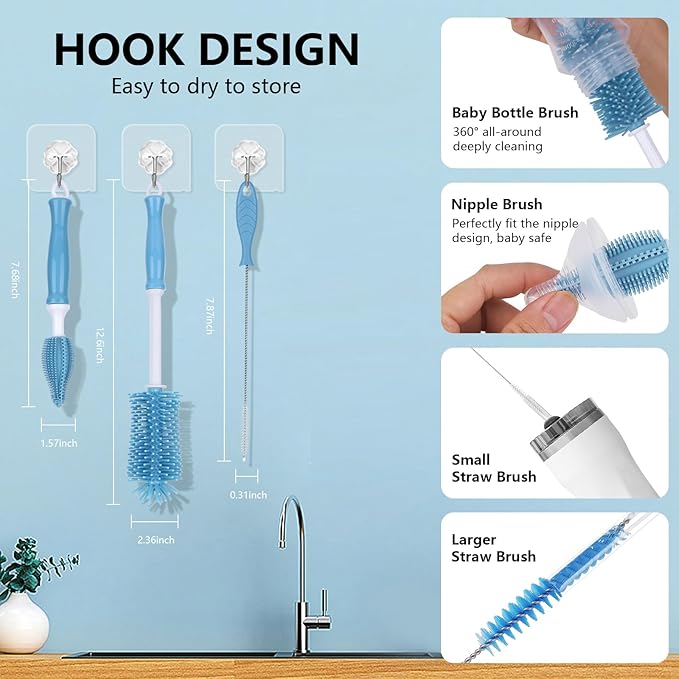 Silicone Bottle Cleaning Brush,Baby Travel Essential Bottle Brush Set, 3 in 1 Silicone Brush, Nipple Brush, Straw Brush