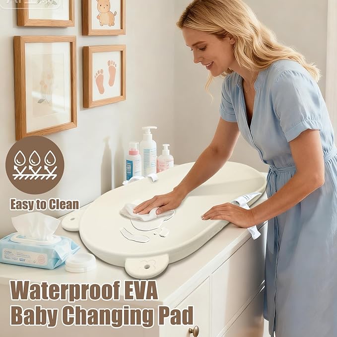 FLEUFAB Baby Changing Pad, EVA Waterproof Non-Slip Changing Table Pad with Adjustable Strap for Dresser Changing Table Nursery, Portable Diaper Changing Pad, Oat