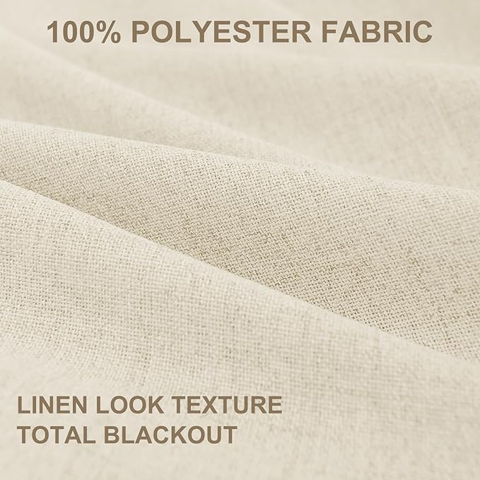 100% Blackout Shield Linen Blackout Curtains for Bedroom 90 Inches Long, Back Tab/Rod Pocket Living Room Drapes, Thermal Insulated Blackout Curtains 2 Panels Set, 50" W x 90" L, Light Cream