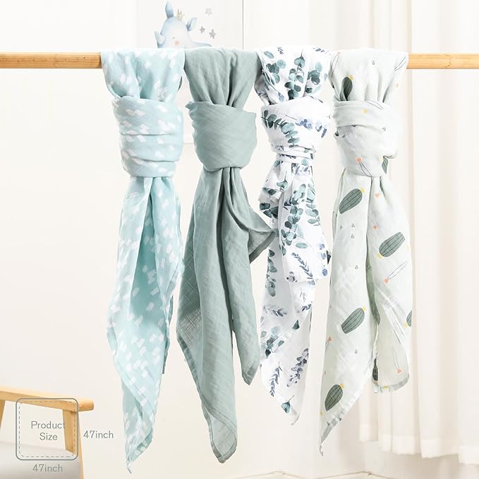 Little Grape Land Muslin Swaddle Blankets 47''x47'' 4 Pack, 100% Cotton Large Size Baby Swaddles for Newborn, Soft Breathable Baby Blankets for Newborns, Green