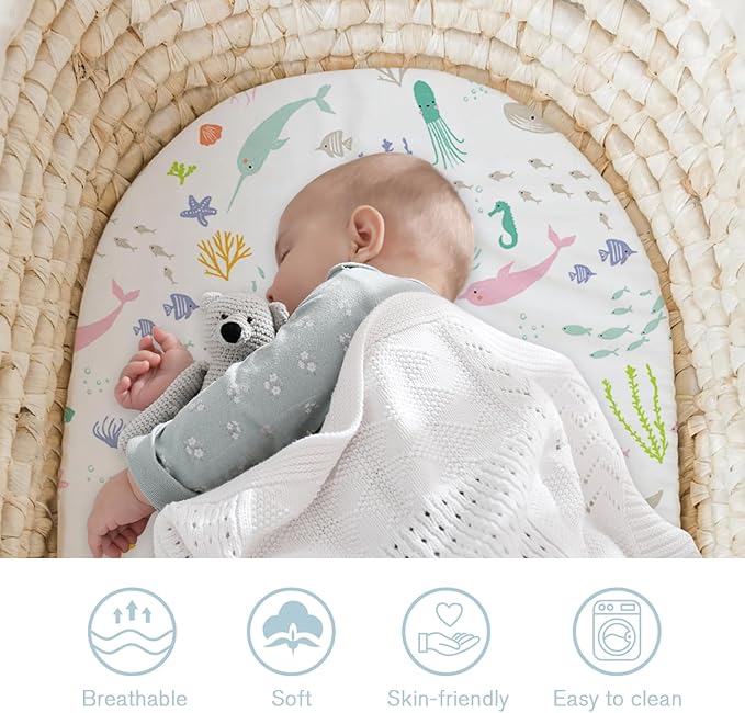 Little Grape Land Bassinet Sheets 4 Pack, 33" x 18" Fitted Bassinet Sheets Up to 4" Deep Pocket, Ultra Soft Baby Bassinet Fitted Sheets for Bassinet Mattress, Ocean Friends