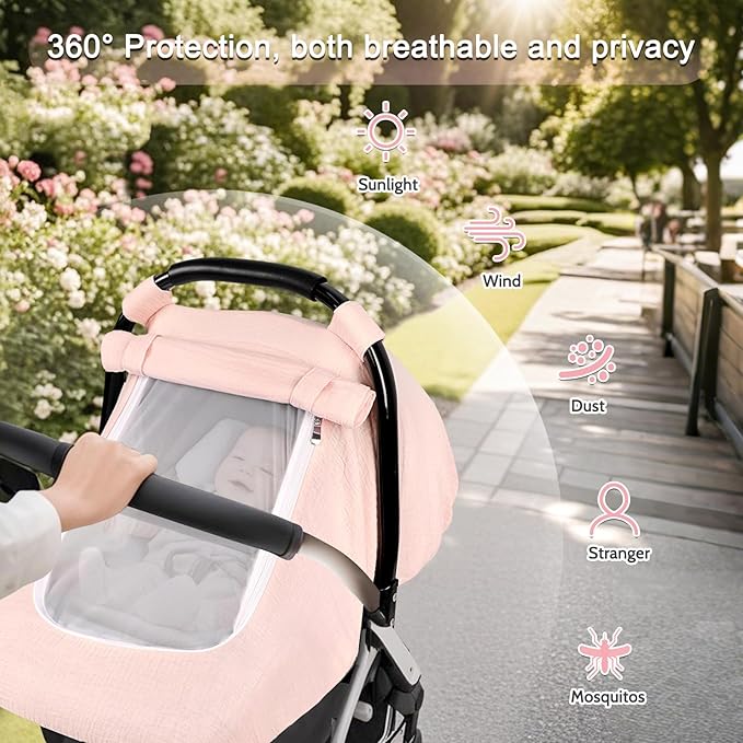 Hooyax Muslin Car Seat Cover Baby - Breathable and Privacy Car Seat Canopy with 3 Modes - Easy Install & Gift Box Packaging, Universal Fit for Infant Car Seats, Pink