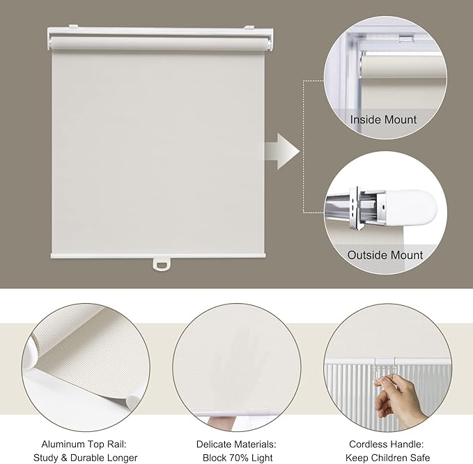 AOSKY Cordless Roller Shades for Windows Light Filtering Shades with 5% Openness Solar Screen Semi Sheer Roller Blinds UV Protection for Office and Home. Easy to Install 36" W x 72" H (White)