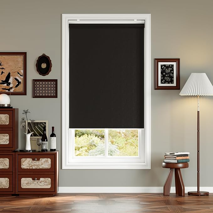 Cordless Roller Shades Blackout Blinds for Windows Room Darkening Rolled Up Shades with Spring System, UV Protection Window Shades Door Blinds for Home and Office (Black, 26" W x 72" H)