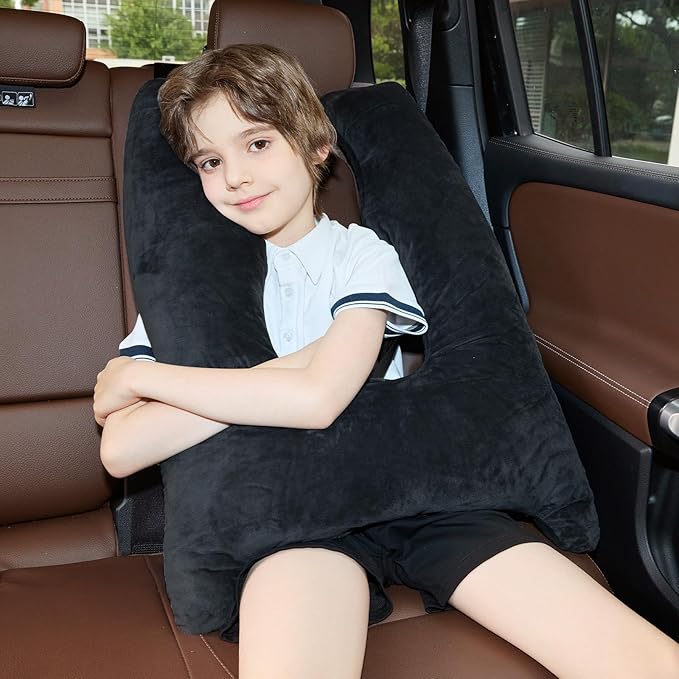 Car Pillow for Kids Travel Pillow with Adjustable Strap, Kids Floor Pillows Cushions for Adults and Children to Support Head and Body Road Trip Essentials (Metal Black)