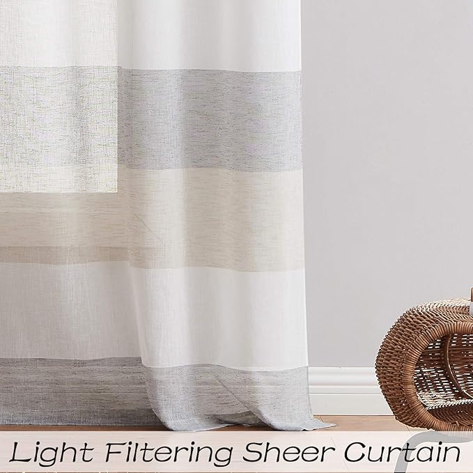 Central Park Gray Tan Stripe Sheer Color Block Window Curtain Panel Linen Window Treatment for Bedroom Living Room Farmhouse 108 inches Long with Grommets, 2 Panel Rustic Drapes
