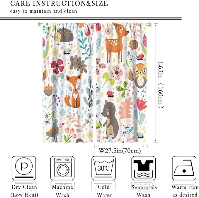 Forest Animals Kids Curtains, Watercolor Wild Rustic Bear Fox Deer Children Cartoon Window Treatments for Living Room, Watercolor Blackout Drapes 2 Panel Sets,55x63 Inch
