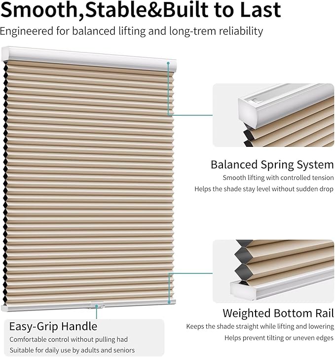 MYshade Cordless Blackout Cellular Shades for Windows, Honeycomb Window Shades with Thermal Insulation, Child & Pet Safe Room Darkening Shade, Easy Install,24" W x 36" H, Beige