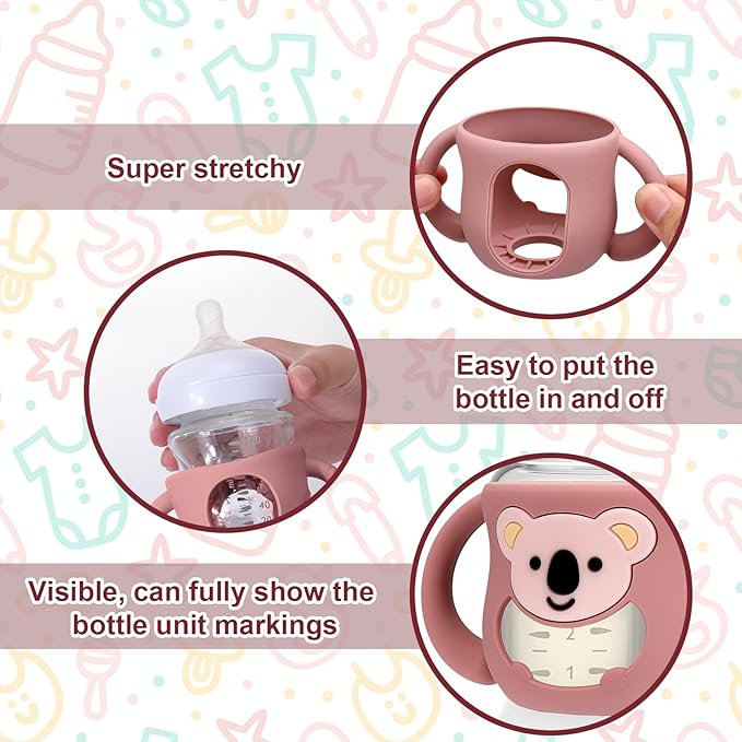Juome Silicone Sleeves with Handles for Avent Natural Glass Baby Bottle - 3 Pack Koala Shape Anti Breakage Baby Bottles Holder, Compatible with Philips Avent Anti Colic Baby Bottles 4 oz