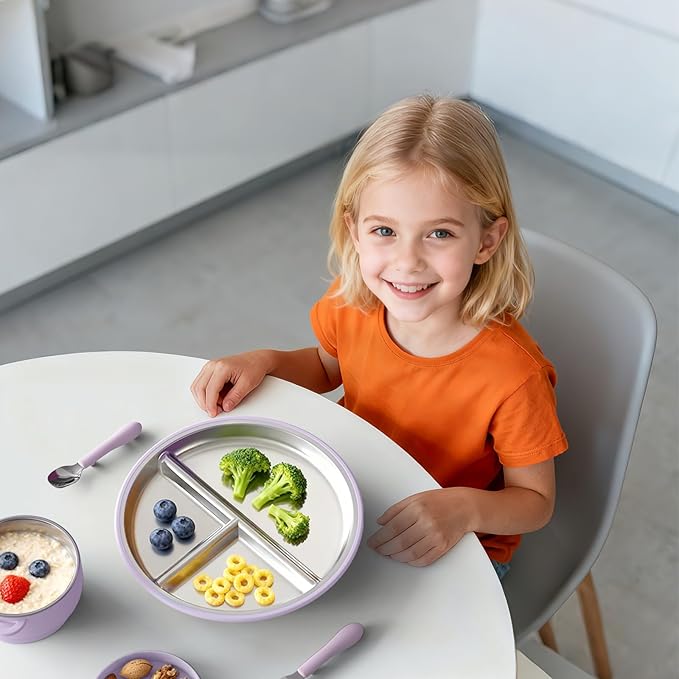 Bakpoco Stainless Steel Suction Plates for Toddlers, 9" Divided Kids Baby Plates with Removable Silicone Suction, Non Toxic Non Slip Portion Control Snack Dishes 3 Packs, Pink Beige Lilac