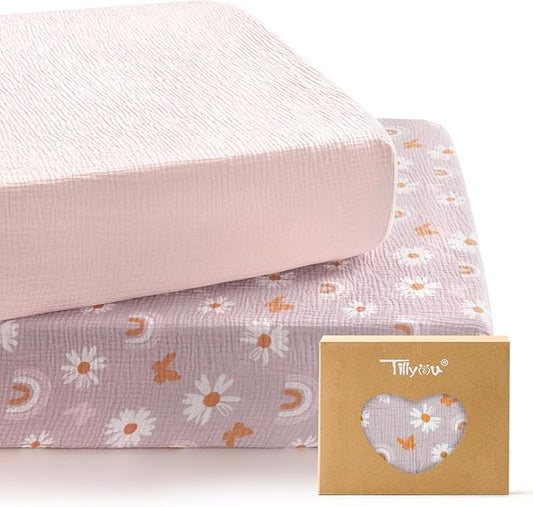 TILLYOU 2 Pack Muslin Crib Sheets for Boys and Girls, 100% Cotton Fitted Crib Sheet for Toddler 52x28 Standard Crib Mattress, Pink Butterfly
