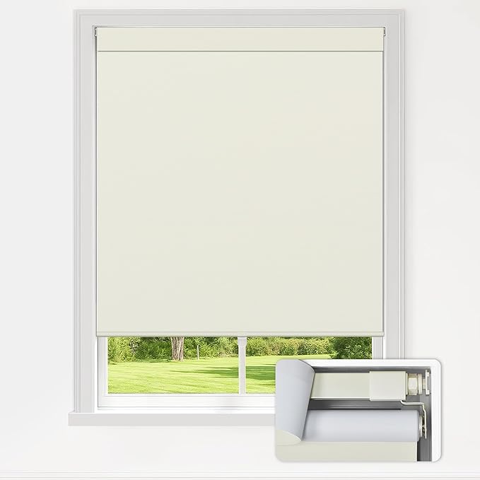 LazBlinds No Drill Blinds for Indoor Windows, Blackout Roller Shades, Cordless Window Blackout Blinds, Thermal Insulated Fabric UV Protection for Home and Office, 26.5" W x 48" H, Cream
