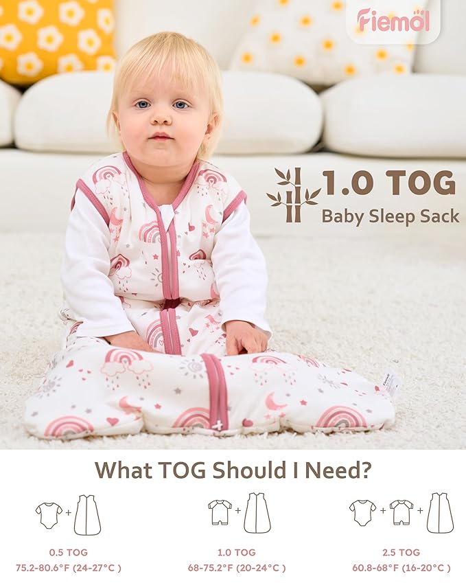 FIEMOL Rayon Made from Bamboo Baby Sleep Sack 18-24 Months, 1.0 Tog Baby Wearable Blanket, Soft Sleeping Bag for Infant Toddler Babies with 2-Way Zipper 2 Pack (X-Large) Pink Rainbow