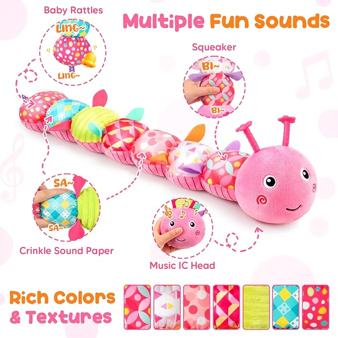 Baby Toys Musical Caterpillar, Infant Stuffed Animal for 0-6 6-12 Months with Crinkle and Rattles, Tummy Time Sensory Toys Newborn Boys Girls Gifts 0 3 6 9 12 Months - Pink