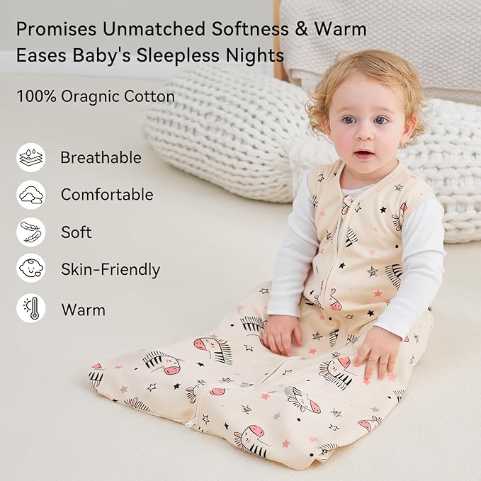 Unnivoll Baby Sleep Sack 6-12 Months 3 Pack 100% Cotton Lightweight 0.5 TOG Wearable Blanket Baby Sleep Bag with 2-Way Zipper for Newborn Infant Pink Apricot Gray Zebra