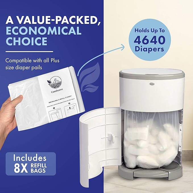 Comficove Refills Compatible with DEKOR PLUS Diaper Pails | 8 Pack | Extra Thick Diaper Pail Refill Liners | Fresh Scent | Easy to Replace and Dispose of Diaper Bag | Odorless Baby Diapers Disposal