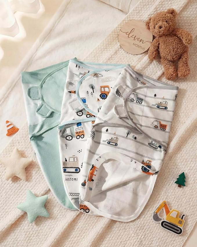 Baby Swaddles for Newborns with Zipper, 100% Cotton Newborn Swaddle Sack, 3 Pack Baby Swaddles 3-6 Months Swaddle Sleep Sack for Newborn Baby Boy Girl Green Excavator