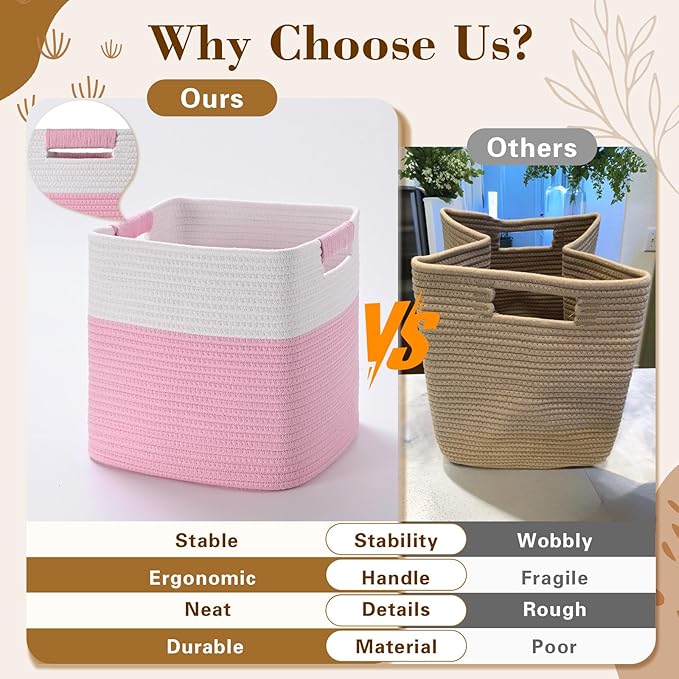 11 Inch Storage Cubes, 3 Pack Cube Storage Bins for Organizing, Cotton Rope Woven Baskets for Shelves, Bathroom, Kids Room, Closets, Baby Nursery