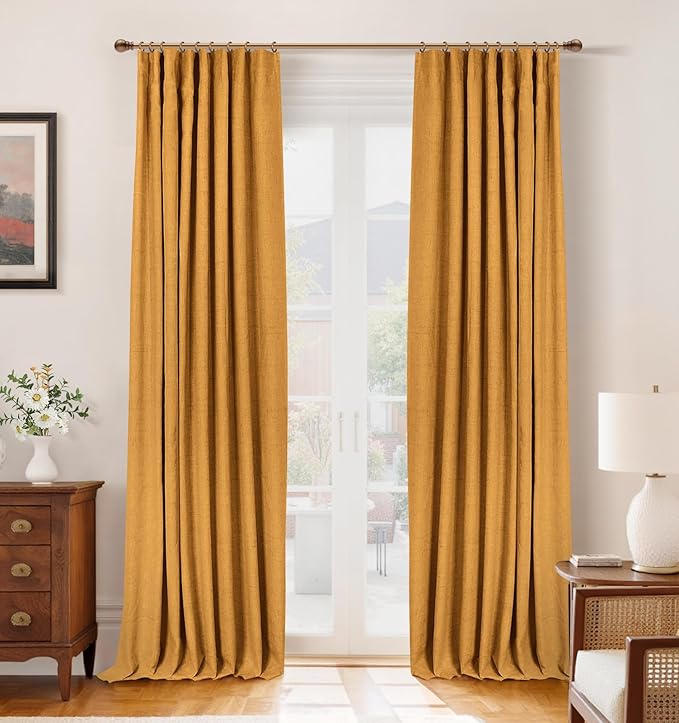 INOVADAY 100% Blackout Curtains for Bedroom, Black Out Curtains 90 Inch Long, Clip Rings Linen Blackout Drapes, Thermal Insulated Room Darkening for Living Room, 2 Panels - Mustard Yellow,W50xL90