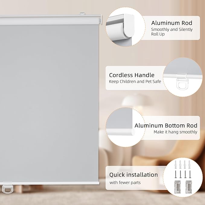 ChrisDowa Cordless Blackout Roller Shades for Windows, Thermal Insulated UV Protection Pull Down Shades, Total Blackout Window Blinds for Home, Office, Bedroom, Door (44" W x 72" H, Grey)