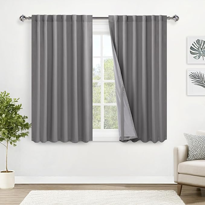 XWZO Complete Blackout Window Curtain Panels with Tiebacks- Rod Pocket & Back Tab Noise Reduction and Light Blocking Curtains with Black Liner for Studio/Basement, Grey, W52 x L54, Set of 2