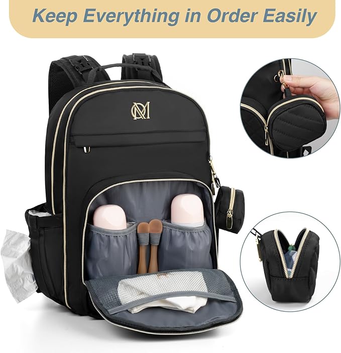 MOMUVO Diaper Bag Backpack, Quilted Baby Bag with Changing Pad & Stroller Straps & Pacifier Case, Large Travel Diaper Bags for Mom Dad, Black | with Changing Pad, Stroller Straps, Pacifier Case, Travel Diaper Bags