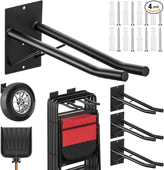 4 Pack Garage Storage Hooks with Support Rods, Heavy Duty Wall Mount Tool Organizer, Chair Hanger Garage Storage Utility Hooks for Car Tires, Ladders, Strollers, Power Tools, Garden Tools