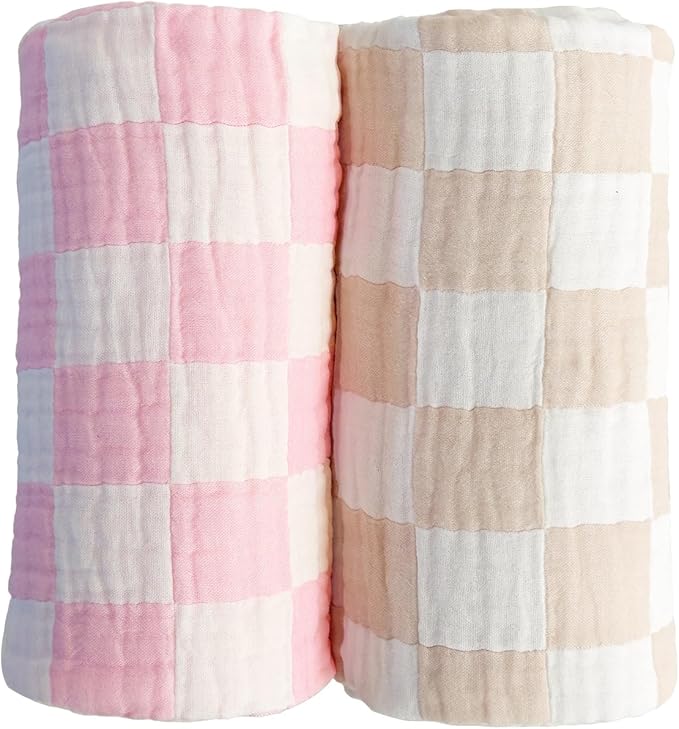 Ultra Soft Checkered Muslin Baby Blanket Pack of 2 Cotton Muslin Swaddles Blankets for Babies and Toddlers Girls Newborn 42 x 42 inches Cream and Pink