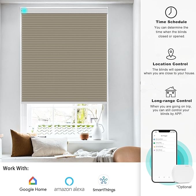 Changshade Motorized Cellular Shades with Remote Control Smart Blinds Compatible with Alexa, Google Home, Smarthings, Custom Size Electronic Automatic Shades for Indoor Windows Doors, Blackout, Brown