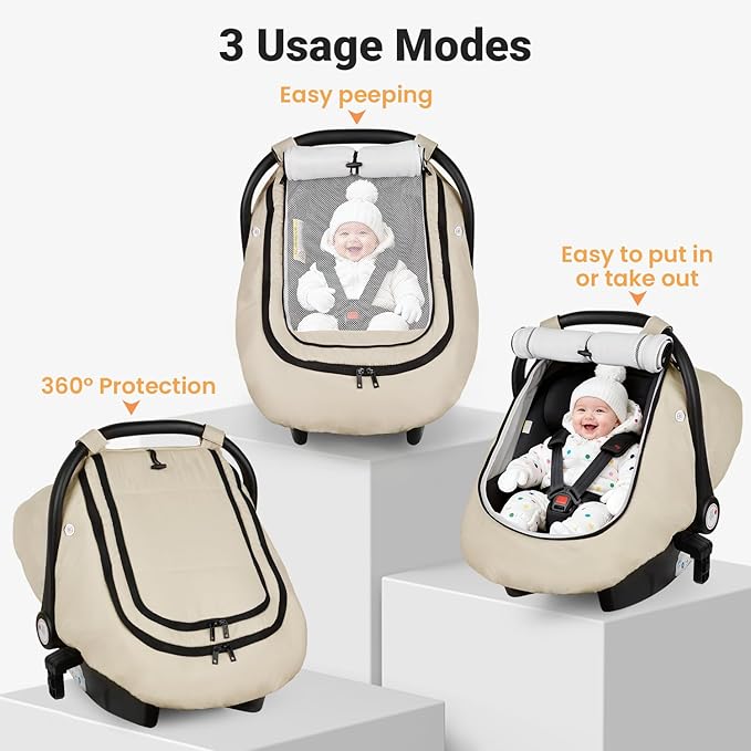 Rquite Car Seat Cover Baby, Winter Carseat Covers Boy Girl, Waterproof Infant Car Seat Cover Warm Car Seat Canopy for Cold Weather, Windproof Baby Carrier/Stroller Cover with 2 Layers Windows, Beige