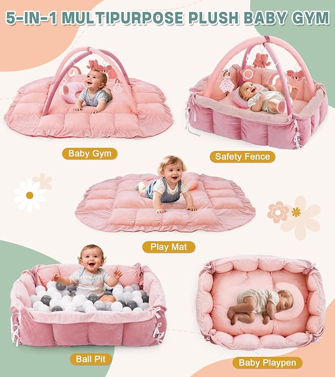 5-in-1 Baby Play Gym and Tummy Time Mat, Tummy Time Pillow & 12 Learning Cards, Plush Activity Mat with 6 Toys, Baby Gym, Convertible to Ball Pit, Baby Gift, Light Pink