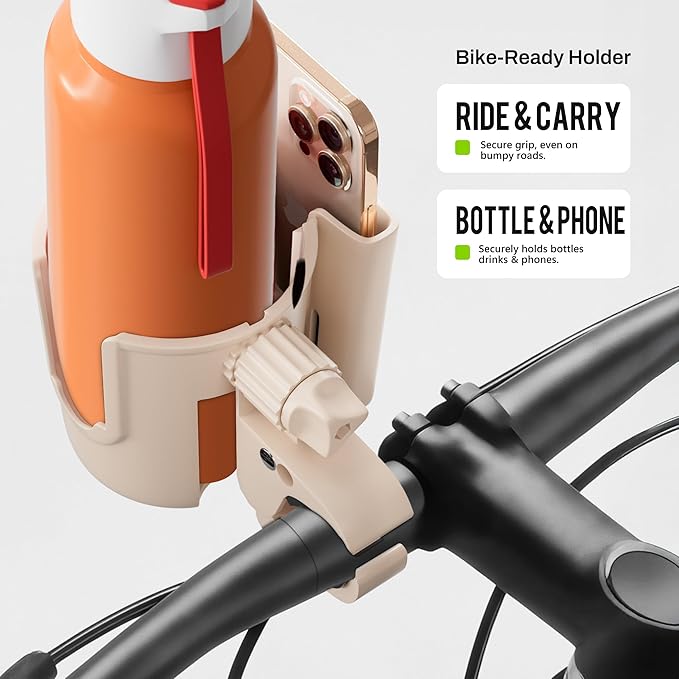 Li & Zhao Universal Stroller Cup Holder - 2-in-1 Wheelchair Cup Holder Adjustable Bike Drink Holder with Phone Holder Accessories for Rollator,Bike,Scooter,Walker(Beige)