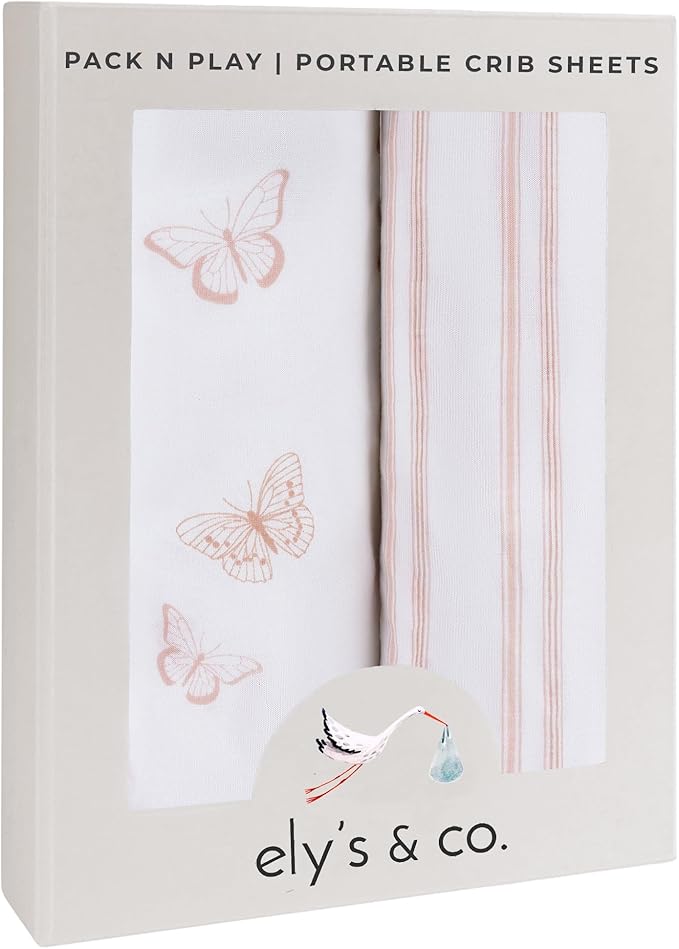 Ely's & Co. Pack and Play Sheets, for Mini/Portable Crib, 2 Pack Fitted Playpen Play Yard Sheet Set Compatible with Graco Pack n Play, for Baby Girls, 100% Cotton, 38”x24”x5” Pink Butterfly + Stripes