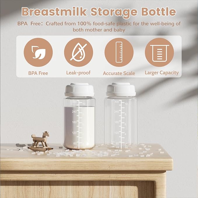 IVARONAL 4 Pack 10oz Wide-mouth Breastmilk Storage Bottle for Momcozy 22oz Portable Breast Milk Cooler, Pumping Storage Containers Compatible with Spectra S1/S2/9 Plus/SG/Motif Luna (4PC/White Lids)