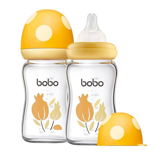 YOHKOH Natural Glass Baby Bottle with Level 1 Slow Flow Nipple, Newborn Anti-Colic Baby Bottles, Wide Neck Mushroom Baby Glass Bottle (Yellow, (5.4oz (Pack of 2))