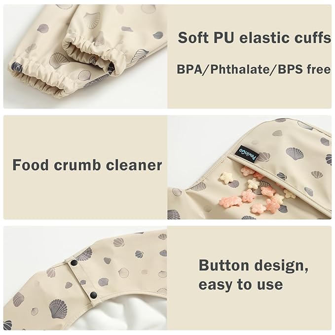 PewinGo Baby Bib with Long Sleeves Bib & BLW, Machine Washable & Soft and Skin-Friendly Material, Coverall Bibs for Baby Feeding, Waterproof and Easy to Clean, for Baby Infant Toddlers (Beige)