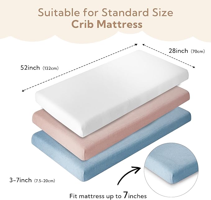 SOULFUL Muslin Crib Sheets for Boys Girls, 3 Pack Soft and Breathable Cotton Fitted Crib Sheets for Standard Crib Mattress (28"x 52", White & Dusty Rose & Blue)