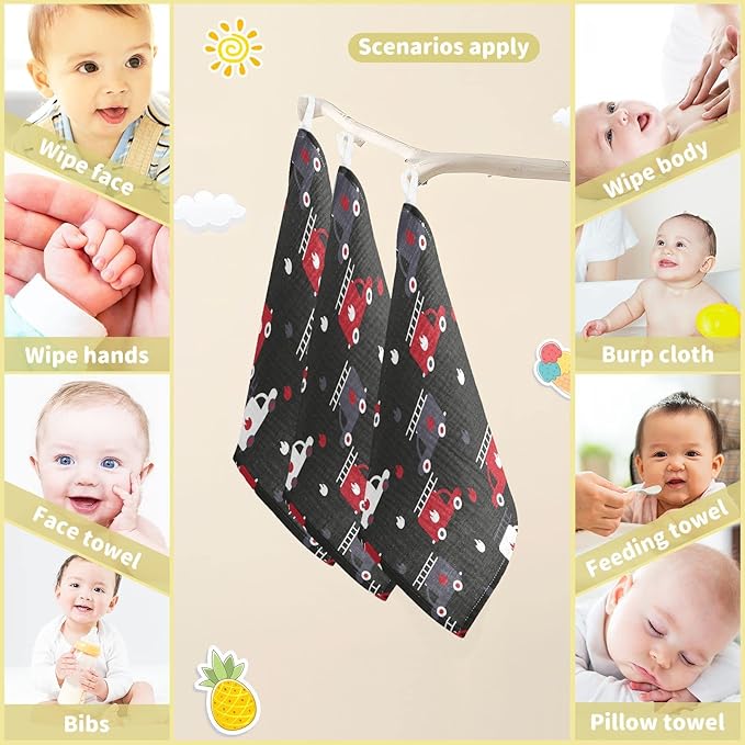 vvfelixl Baby Muslin Washcloths, Firefighters Fire Trucks Baby Burp Cloths, Cotton Baby Face Towel for Newborn Infants Boys Girls Soft and Absorbent 11.8 X 11.8 in, 3 Pack Black
