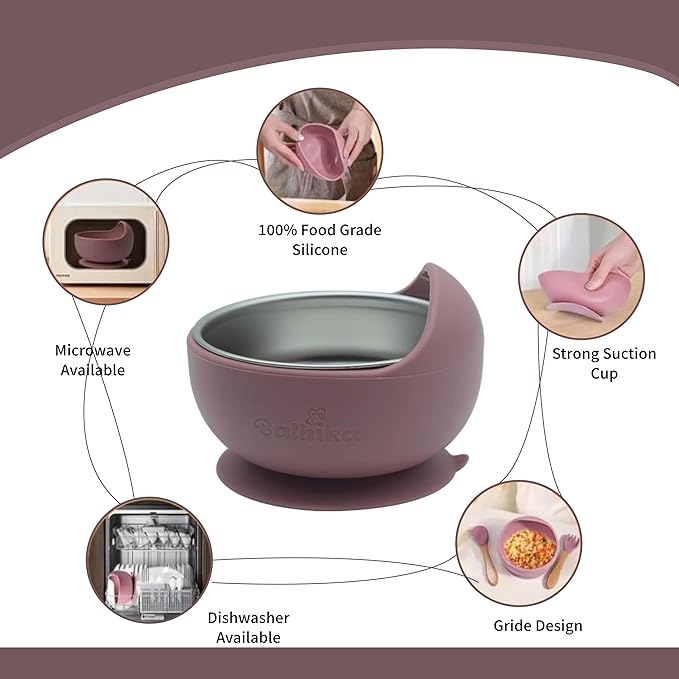 Balhika Silicone Baby Bowl Feeding Set – 12-Piece Set with Stainless Steel Inserts and Baby Spoons – BPA-Free Suction Bowls for Babies and Toddlers – Easy to Clean, Safe Mealtime Set for Self-Feeding