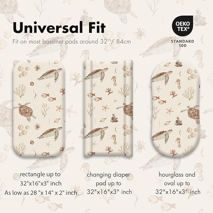 Gllquen Baby Bassinet Sheets Set 2-Pack, Breathable Cozy Bassinet Fitted Sheet Universal Fit Standard Mattress Oval Rectangle Cradle Baby Sheets for Baby Boy Girls Unisex 32"x16" (Sea Turtle)