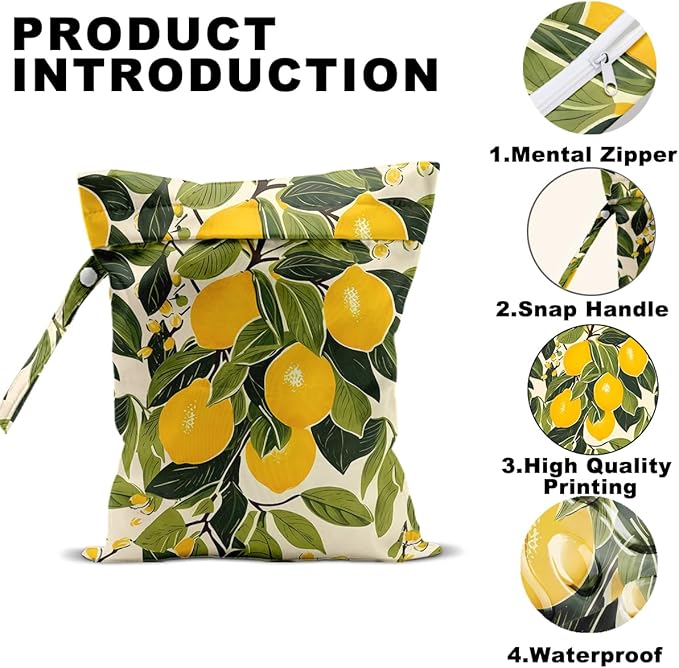 Summer Lemon Wet Bag 12x10 Inch, Rustic Lemon Waterproof Travel Laundry Bags, Washable Reusable Wet Dry Bag for Swimsuit Beach Diapers Dirty Yoga Gym Clothes, Plant Gifts for Women Friend
